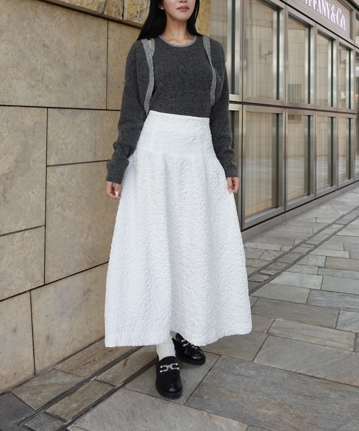 Jacquard volume skirt【White】