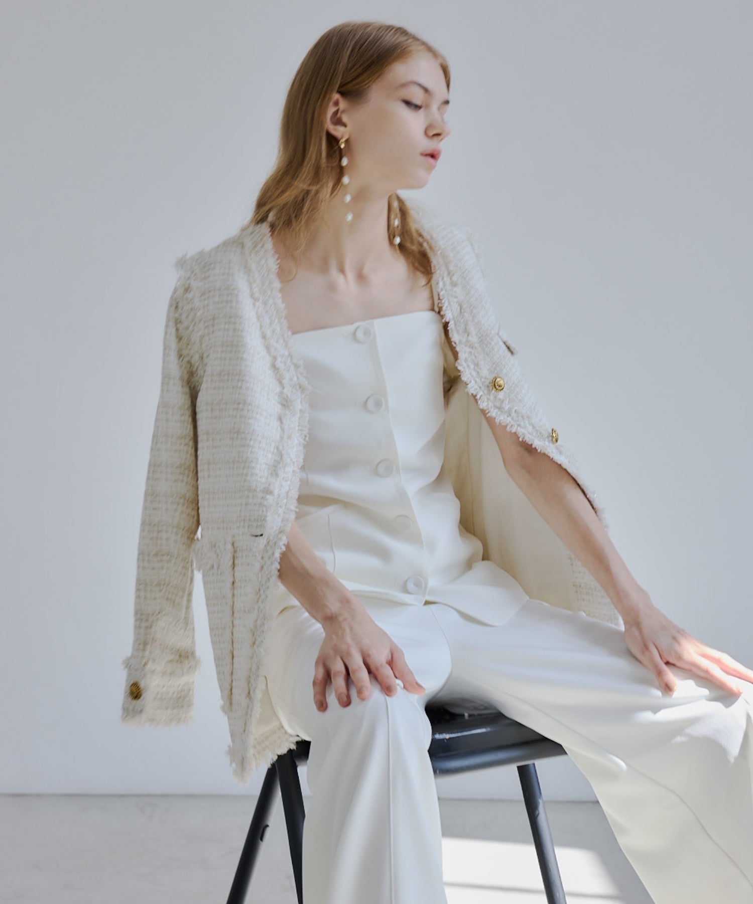 Tweed fringe 2way jacket【Ivory】