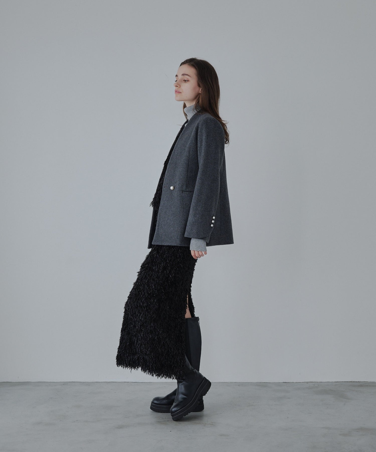 【SALE】No collar pearl coat