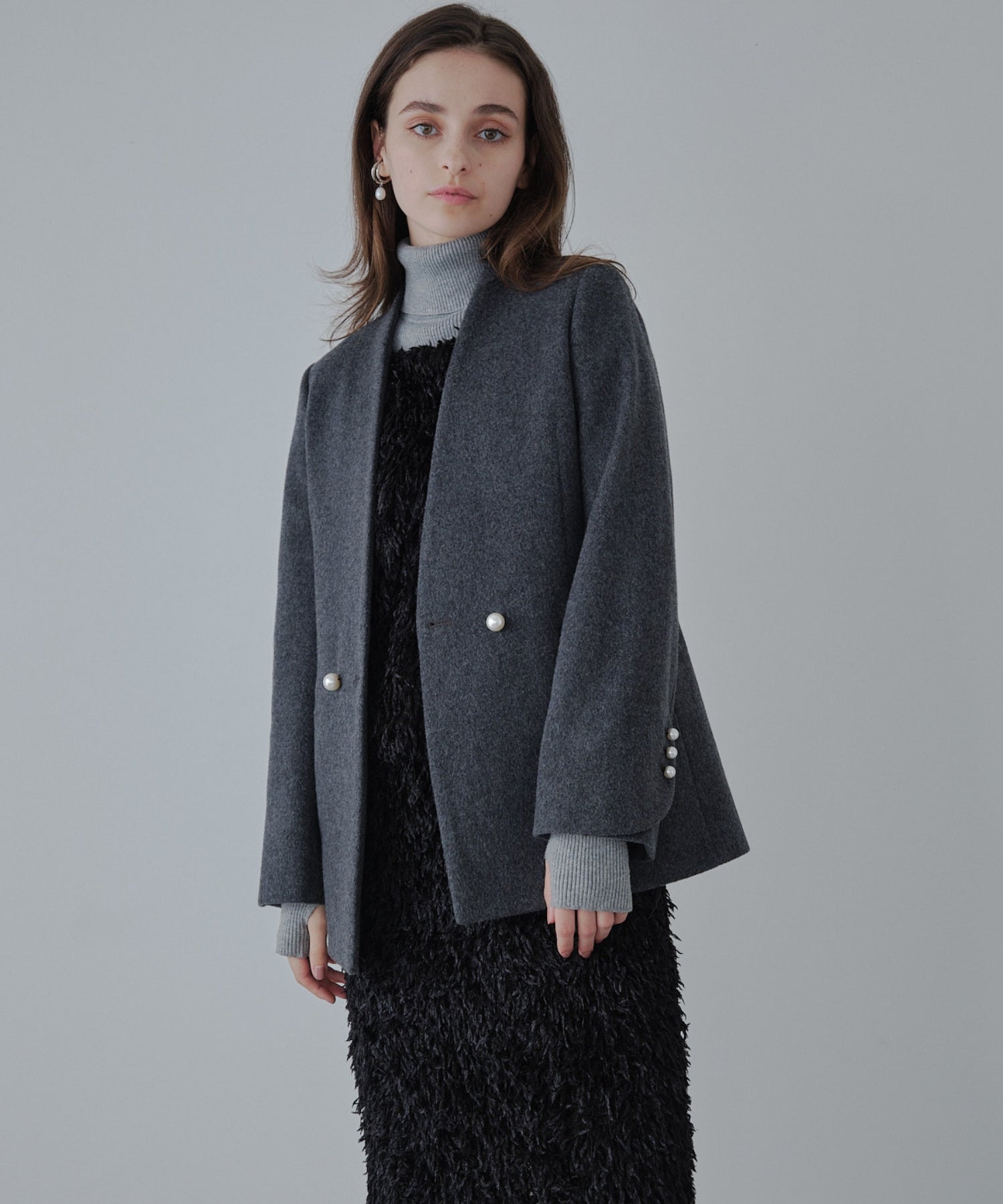 【SALE】No collar pearl coat