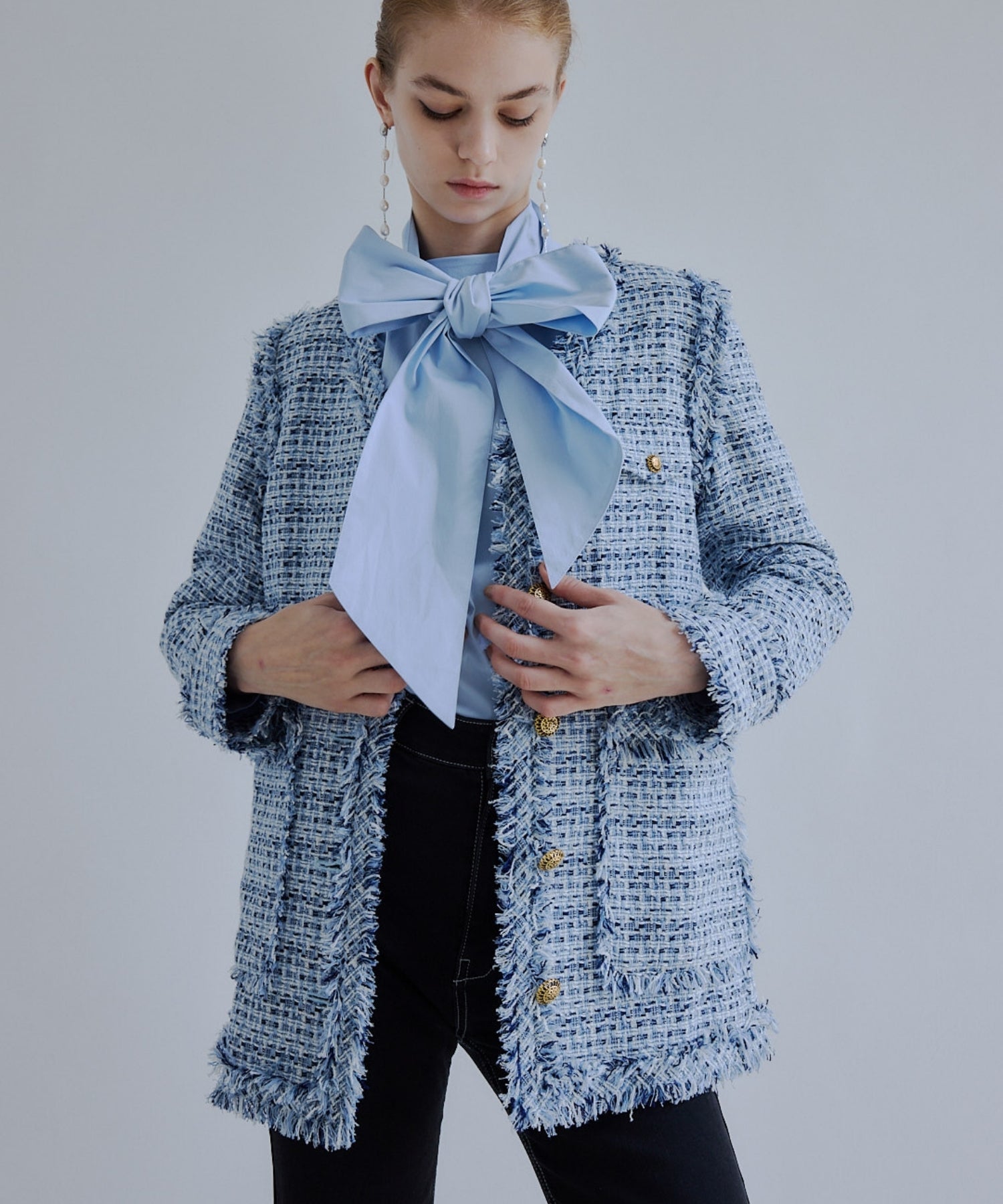 Tweed fringe 2way jacket【Blue】