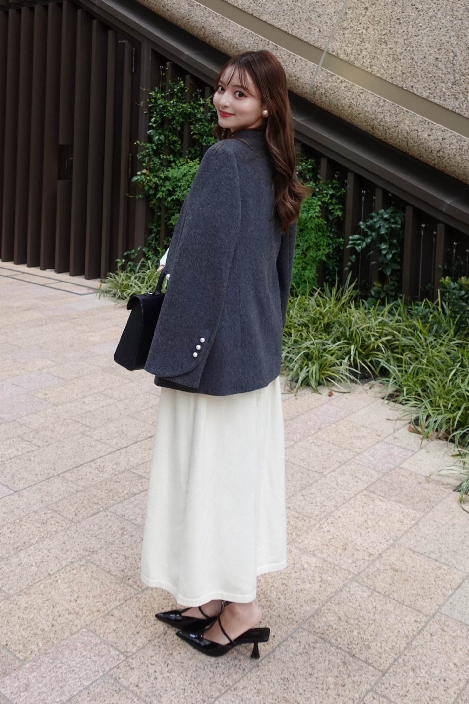 【SALE】No collar pearl coat