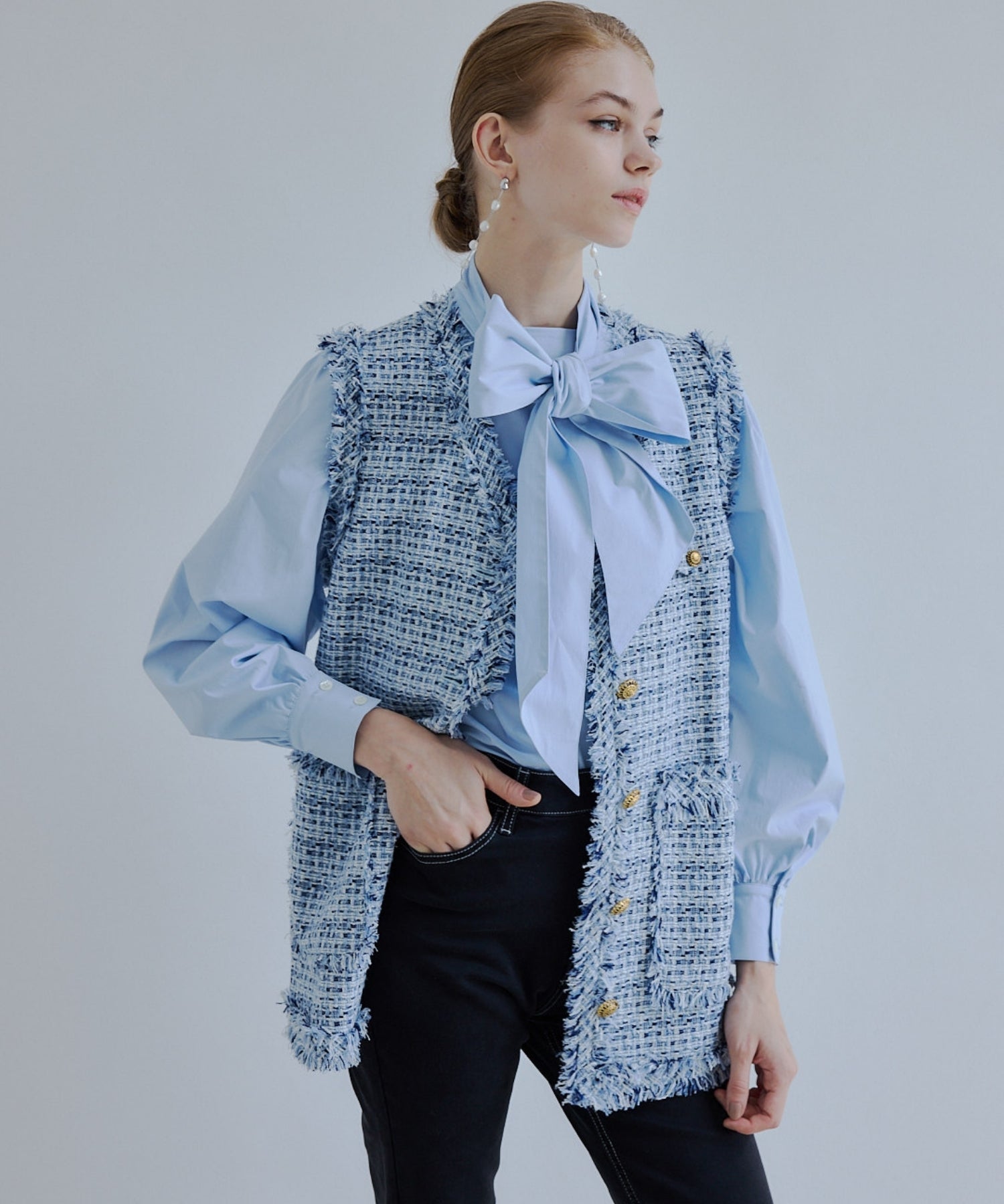 Tweed fringe 2way jacket【Blue】