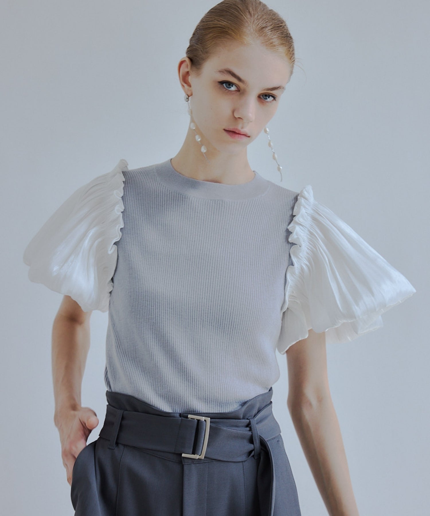 Puff sleeve knit tops【Gray】