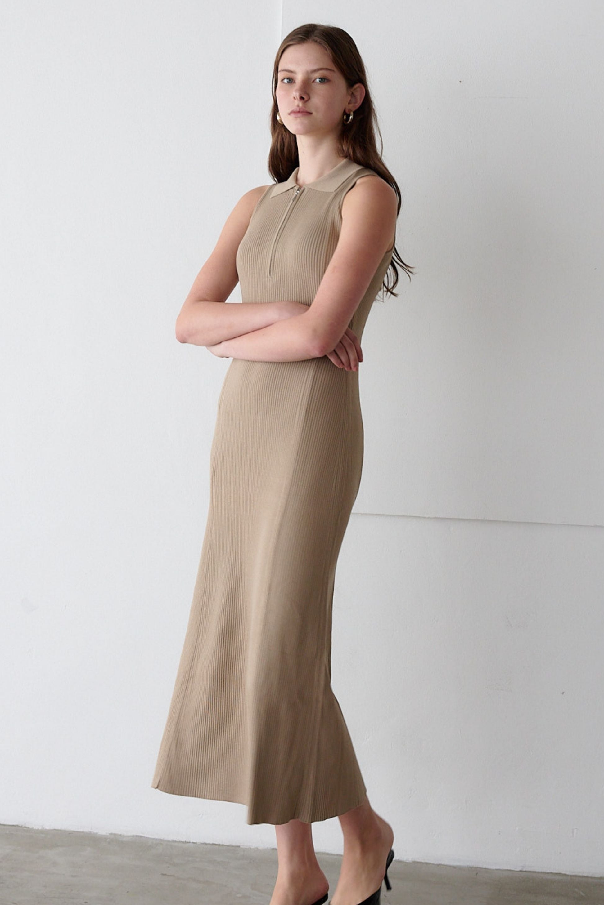 Polo collar knit one-piece