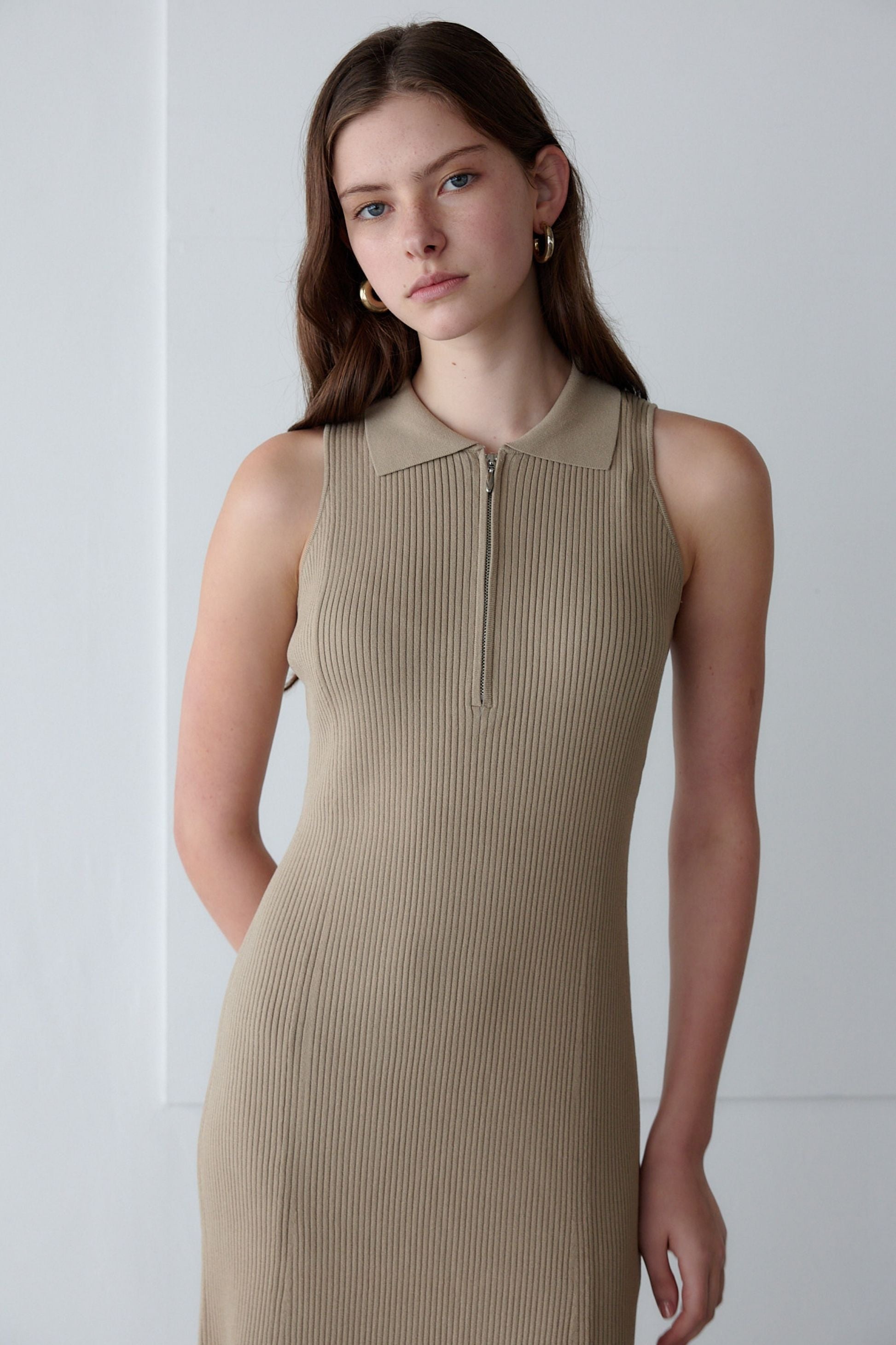 Polo collar knit one-piece