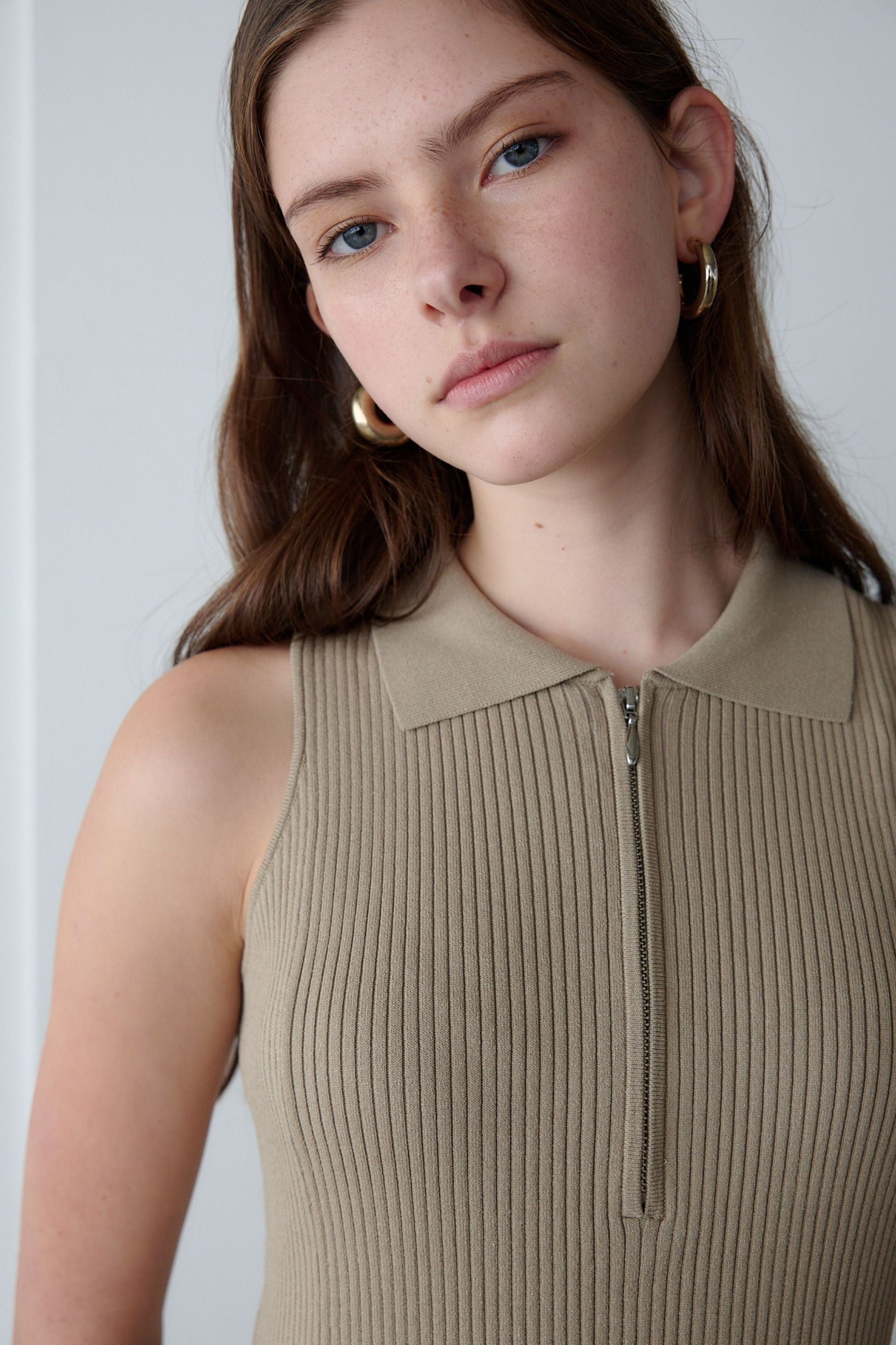 Polo collar knit one-piece