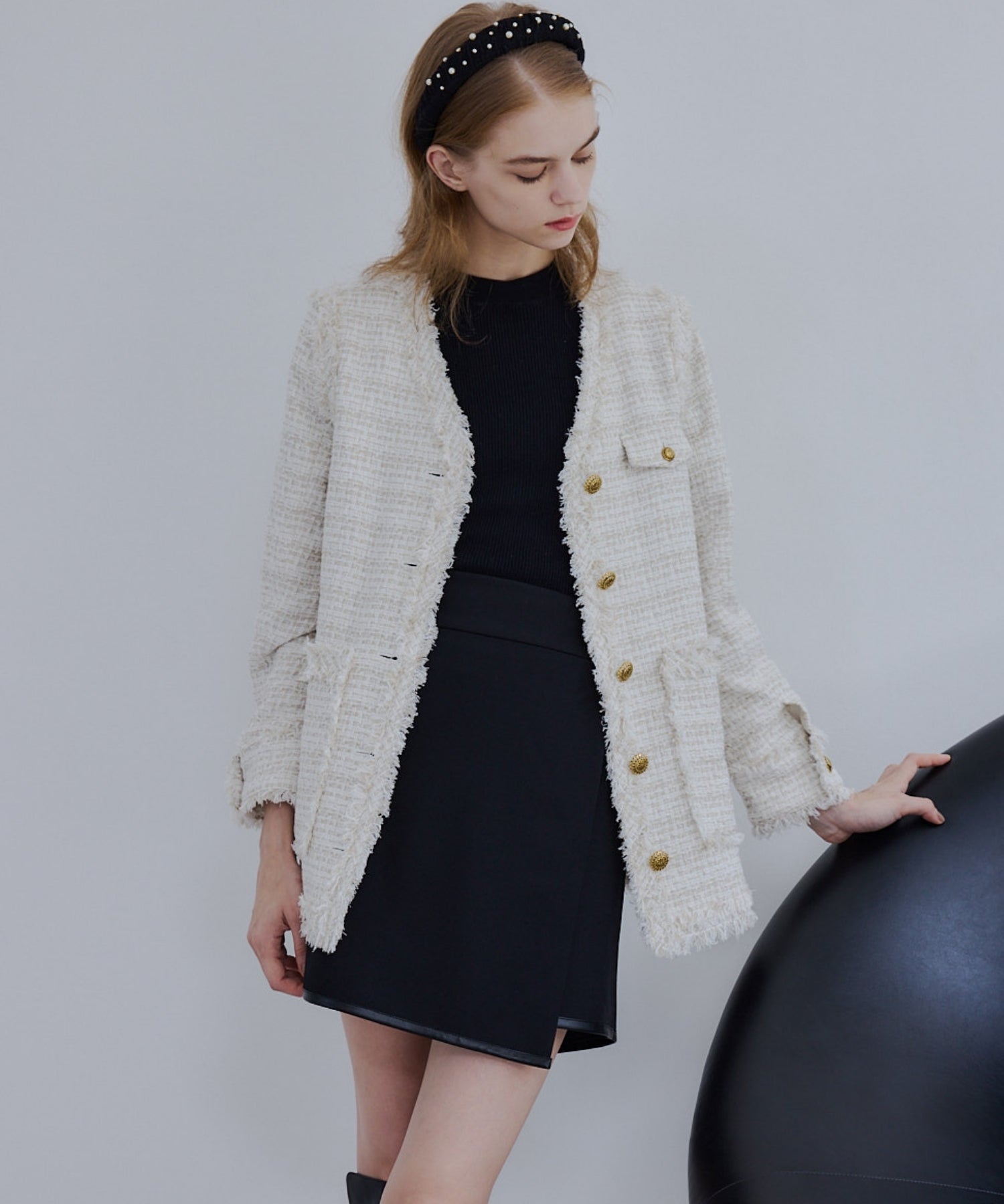 Tweed fringe 2way jacket【Ivory】