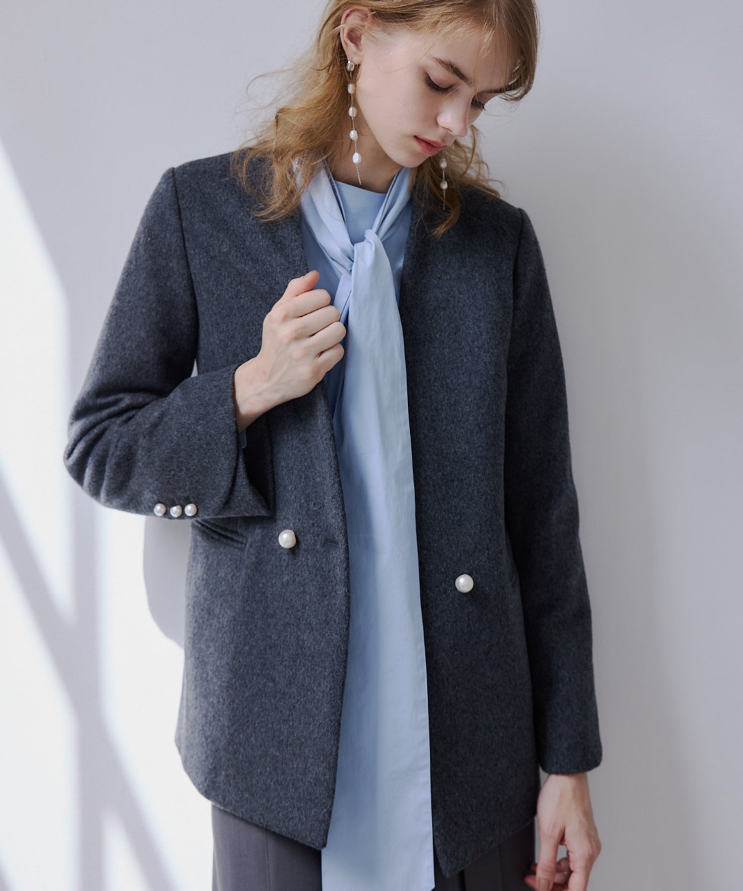 【SALE】No collar pearl coat