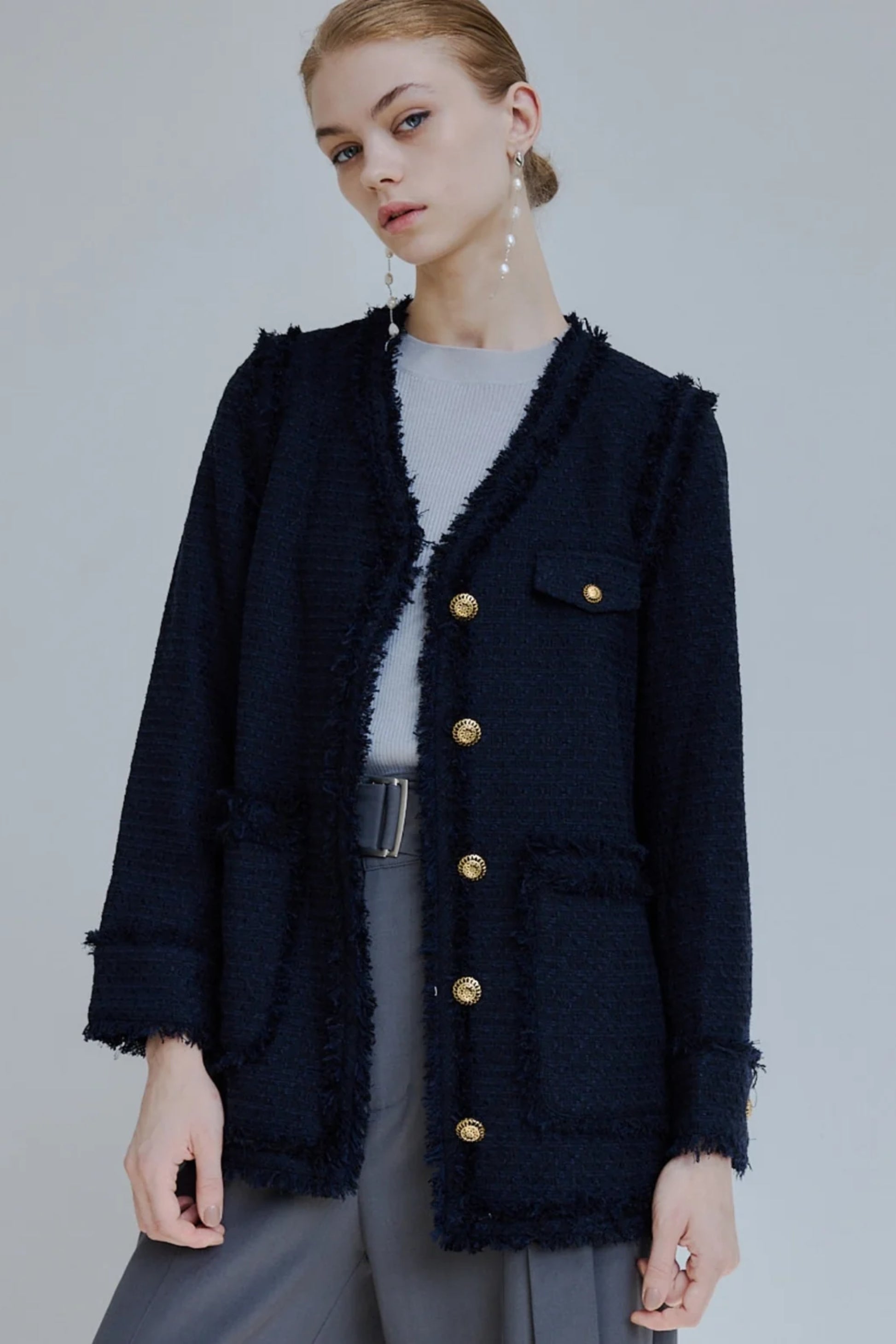 ジャケット・アウター ORGUE Tweed fringe 2way jacket Dark navy Tweed fringe 2way jacket
