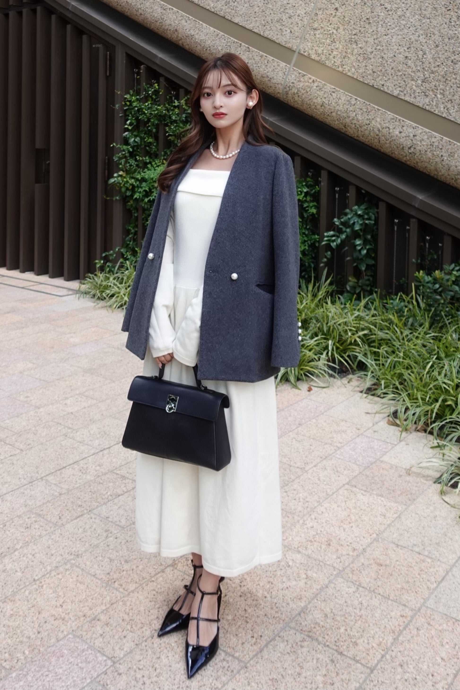 【SALE】No collar pearl coat