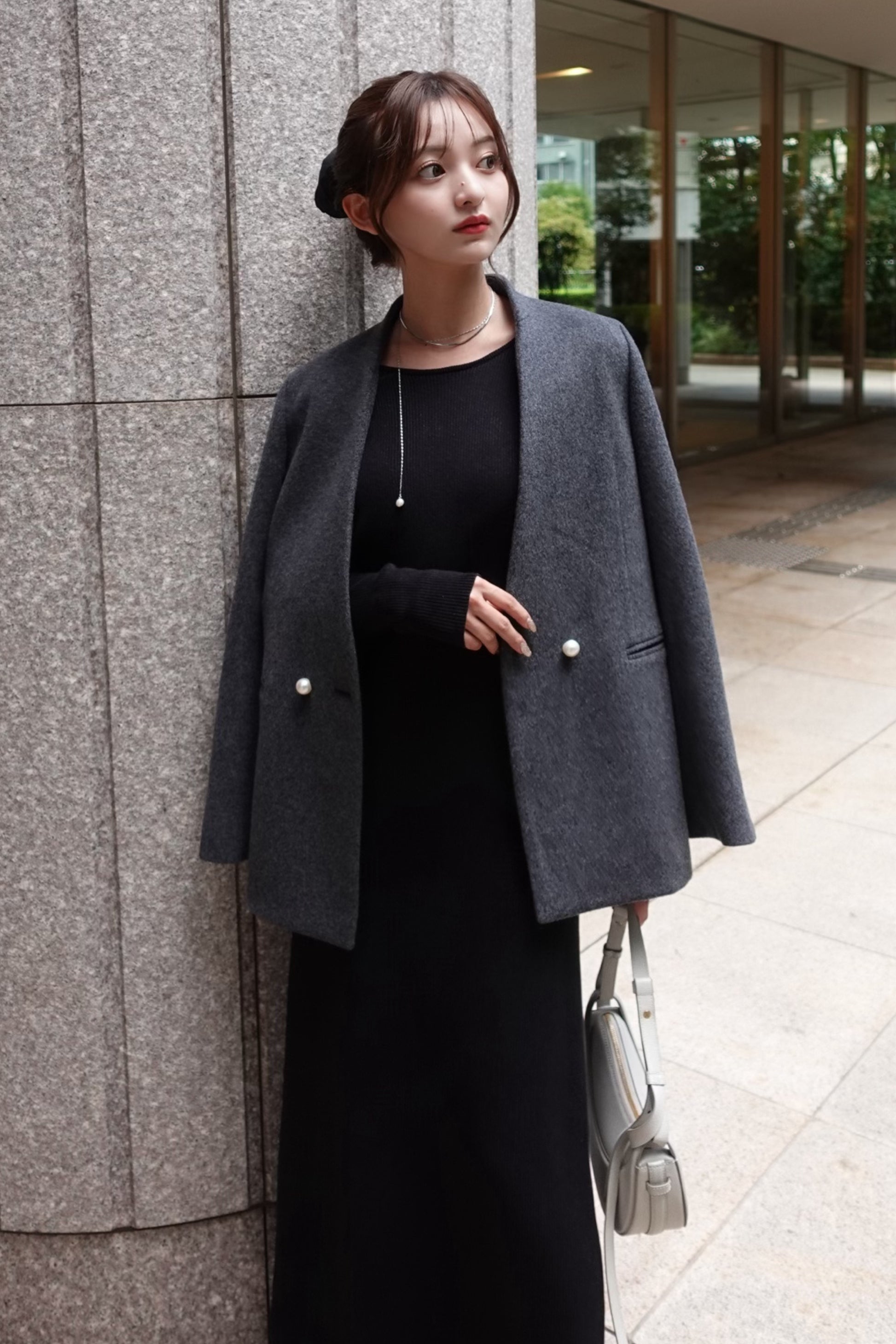 【SALE】No collar pearl coat