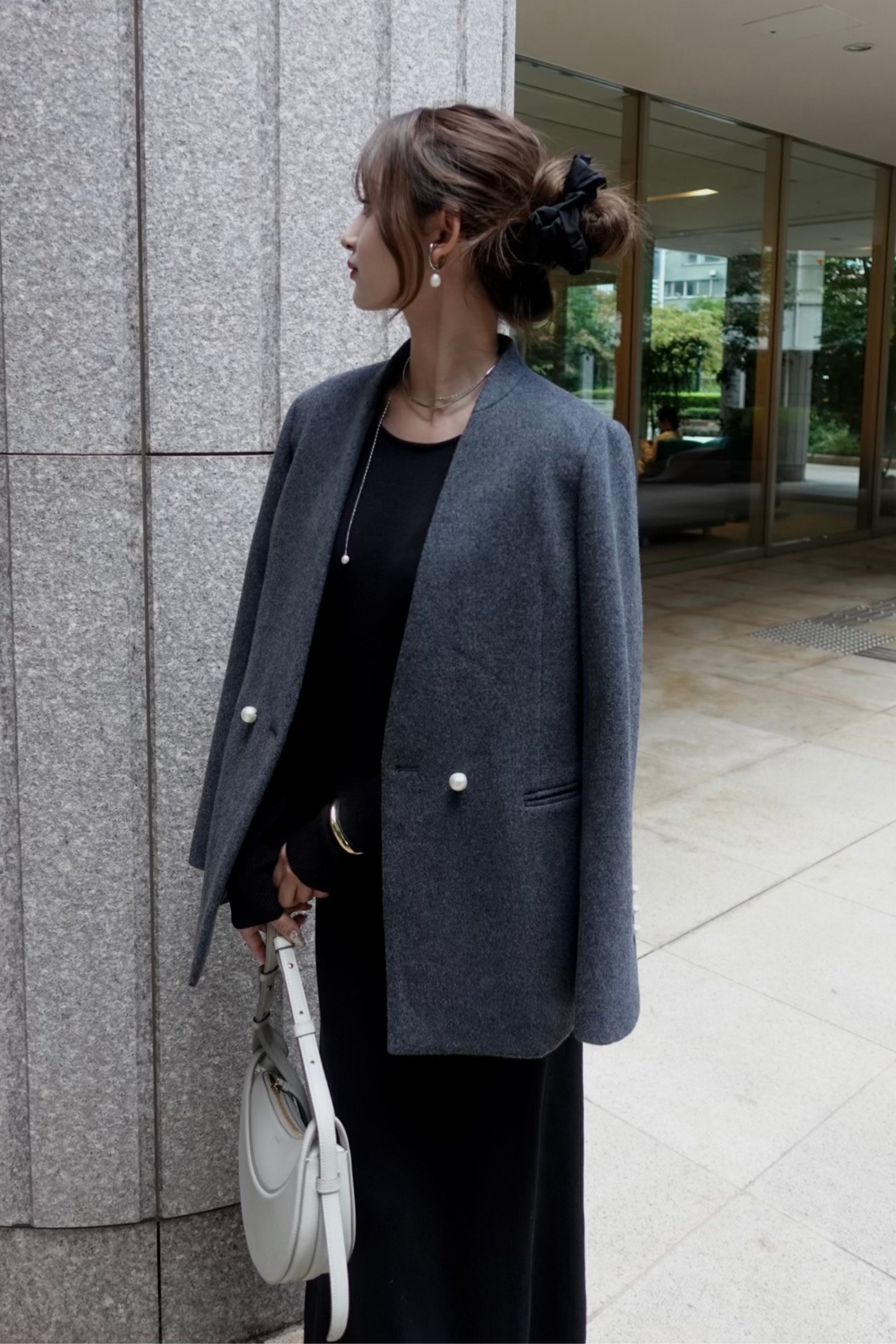SALE】No collar pearl coat