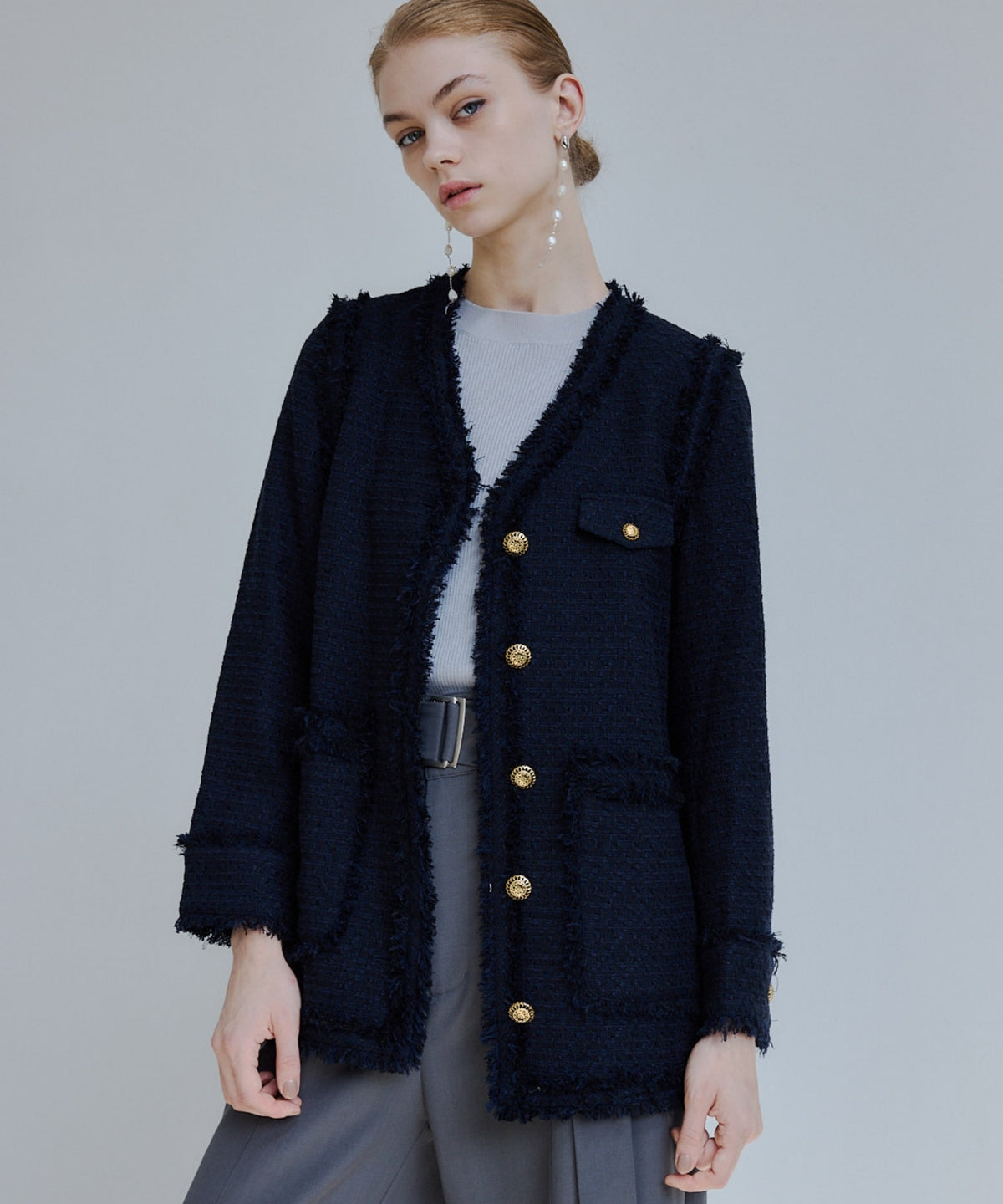 Tweed fringe 2way jacket【Dark navy】