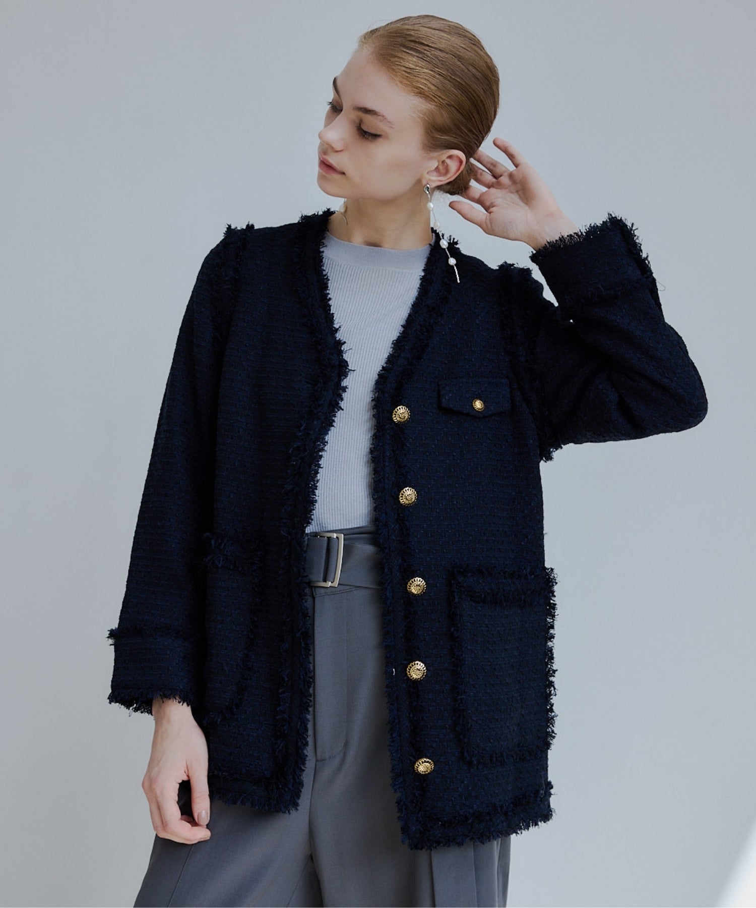 Tweed fringe 2way jacket