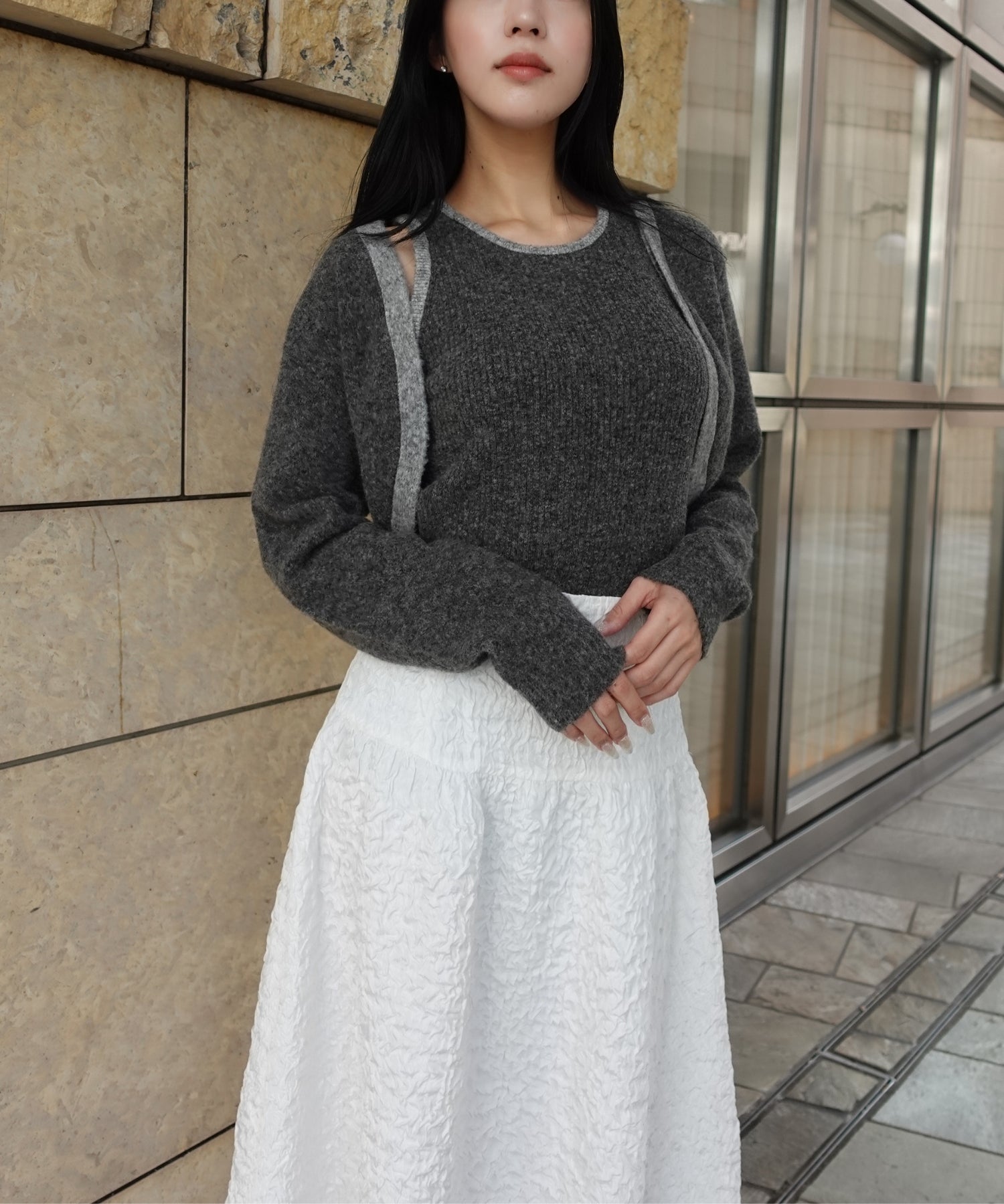 Bicolor knit ensemble【Gray】