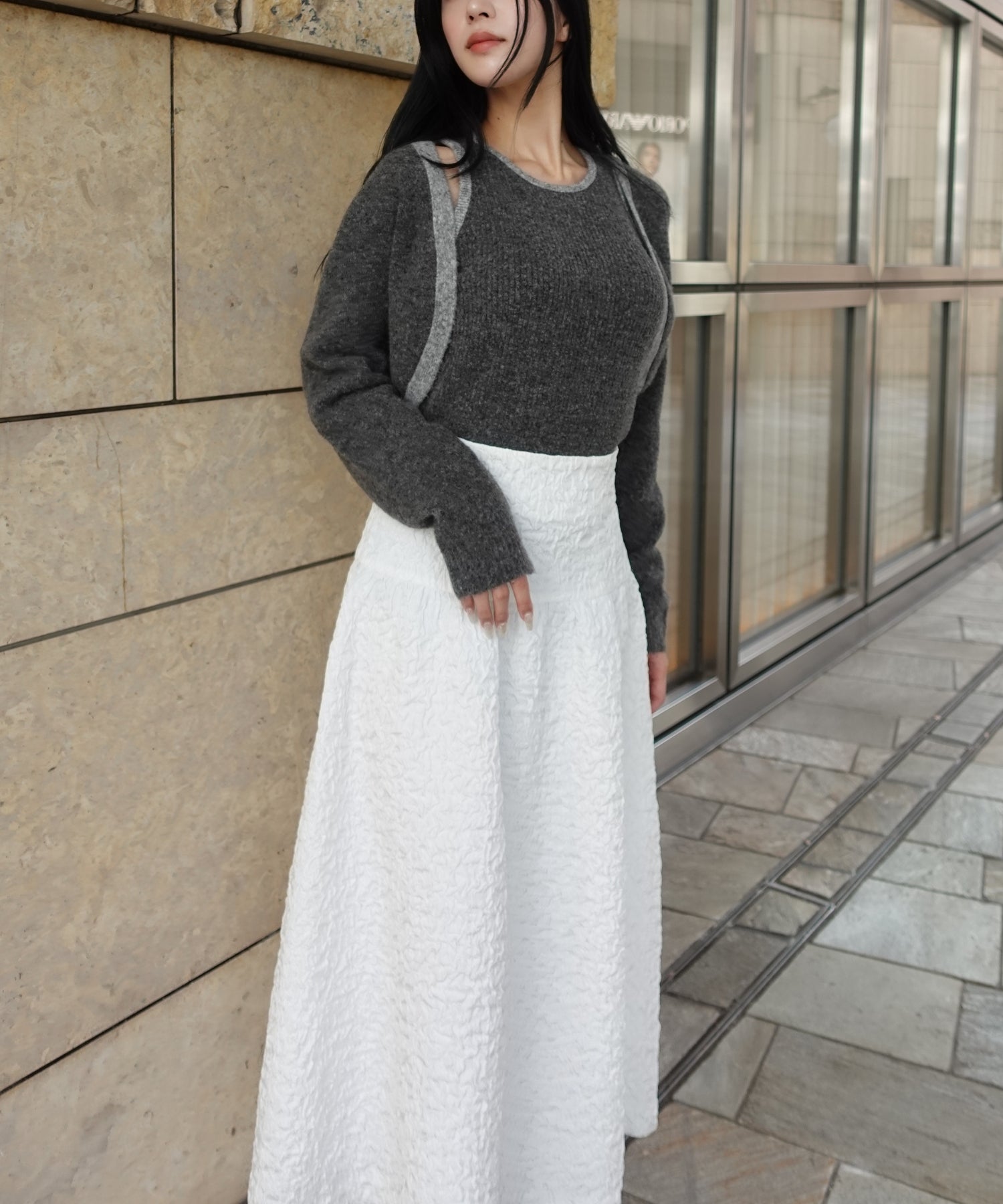 Bicolor knit ensemble【Gray】